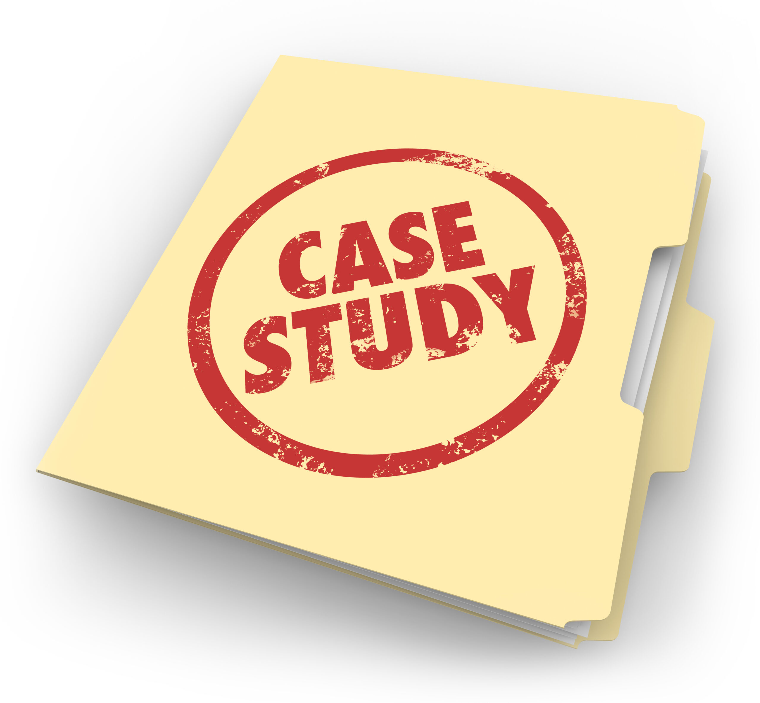 Case Study words stamped in red ink on a manila file folder to illustrate a good example or best practice to explore, read or study
